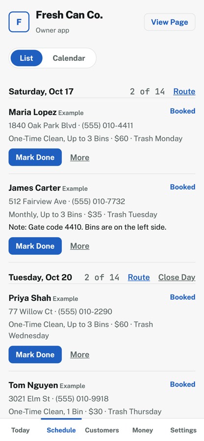 Binly schedule with each day's jobs and route
